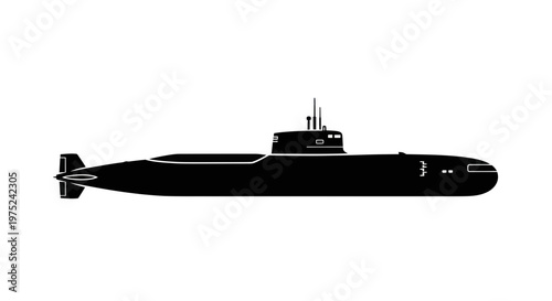 Black Silhouette of a Submarine on White Background