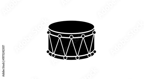 Black silhouette of a vintage drum with white cord detail on white background