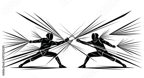 Two Fencers Silhouette Fighting Duel, Dynamic Action Lines, Sports Competition