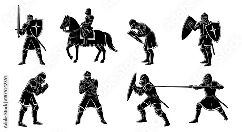 Medieval Knights Silhouette Glyphs Set. Ancient Warriors with Swords and Shields