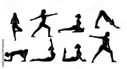 Black and White Yoga Poses Silhouettes Vector Set for Fitness and Wellness