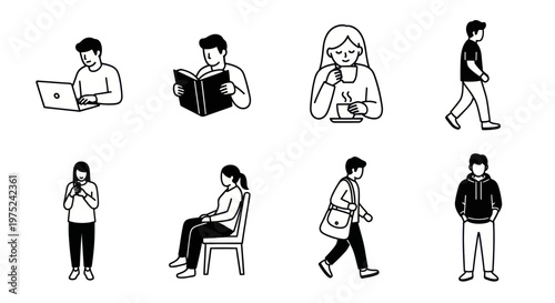 Black  White Line Art People Icons Set for Lifestyle  Daily Activities