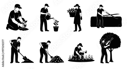 Gardening Activities Black  White Glyph Vector Icons Set: Gardeners with Tools Planting  Pruning