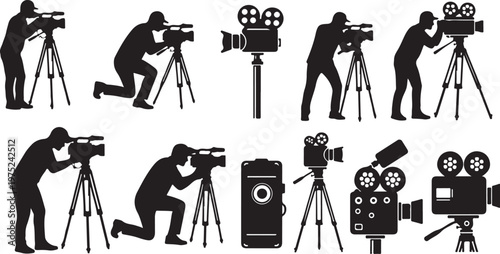 Silhouettes of photographers and filmmakers with various camera equipment