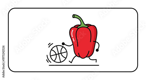 Red Bell Pepper Playing Basketball, Cartoon Character, Healthy Food Concept