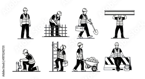 Construction Industry Workers Black  White Line Art Vector Illustration Set with Tools and Tasks