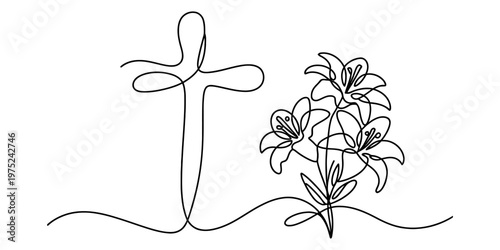 A minimalist single line drawing illustration of a christian cross next to a bouquet of lilies Vector, illustration
