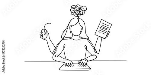 A single line drawing of an overwhelmed woman juggling multiple work tasks and feeling stressed. Vector, illustration