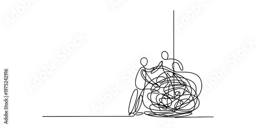A minimalist black and white line drawing of two figures entangled in a complex chaotic scribble Vector, illustration