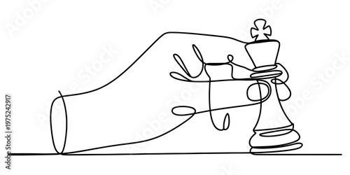 A single continuous line drawing of a hand holding a chess king piece on a simple flat surface Vector, illustration