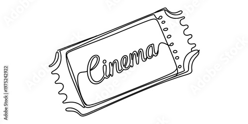 A single continuous line drawing of a retro cinema admission ticket with the word cinema written Vector, illustration