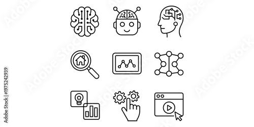 A collection of nine simple black and white line icons representing artificial intelligence concepts Vector, illustration
