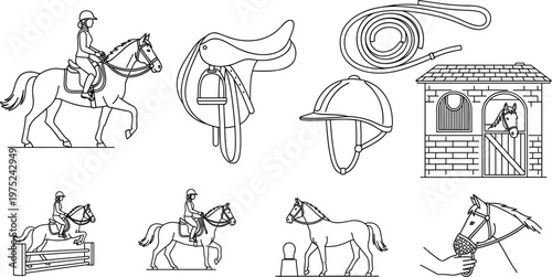 Horse riding and equestrian line icons set with rider saddle helmet stable and training elements outline vector illustration