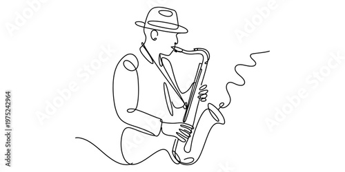 A minimalist single continuous line drawing of a jazz musician playing a saxophone with a hat on Vector, illustration