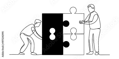 A continuous line drawing of two people working together to connect giant puzzle pieces properly. Vector, illustration