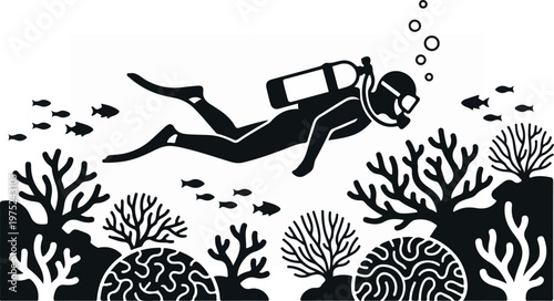 Scuba Diver Exploring Coral Reef.