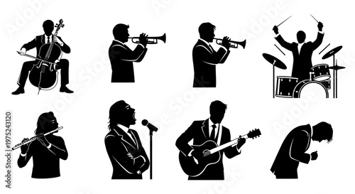 Music Industry Black and White Silhouette Musicians Playing Instruments and Singing