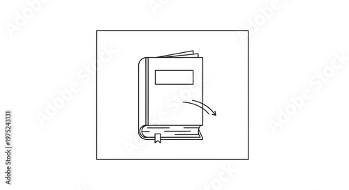 Open book with pages turning, bookmark, and blank cover label, simple line art icon.