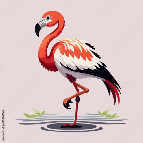 elegant flamingo with red and white feathers standing in a small pond with its head turned sideways looking at the surrounding nature