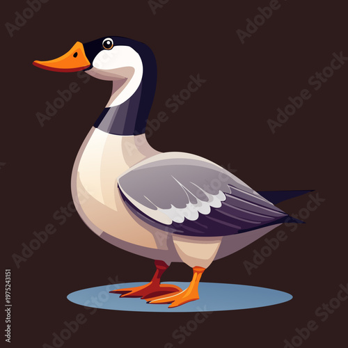 gray goose with white markings standing on a dark background looking forward with a calm and peaceful expression in a simple style