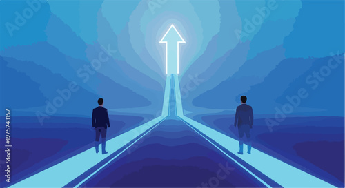 Two men standing on a road with an arrow pointing upwards.