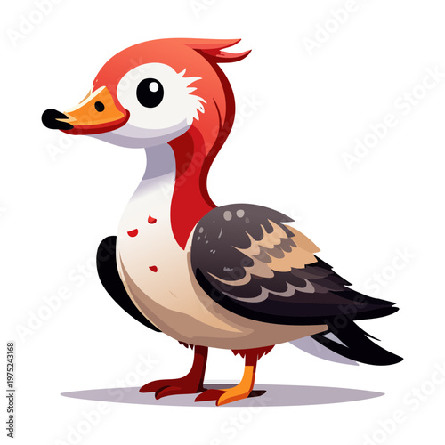 red headed bird with a white body and black wings standing tall and looking sideways with a sharp beak and alert eyes