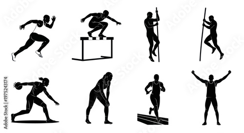 Athletics Sport Black and White Vector Silhouettes Set - Track and Field Athletes Collection