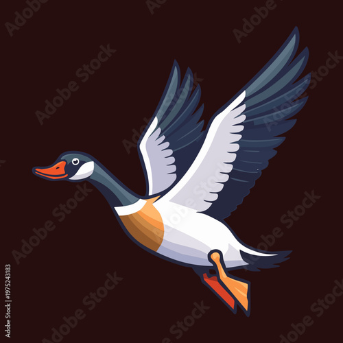 goose flying with its wings spread wide and neck extended forward against a dark background showing its powerful and graceful flight movement