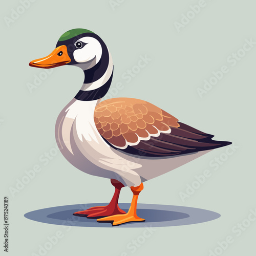 goose with gray and white feathers standing in a calm environment looking sideways with its long neck and bright orange beak today