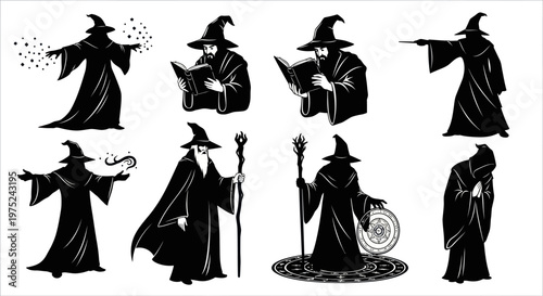 Fantasy Wizards Black  White Silhouette Icons Set - Magic Sorcerers Glyph Collection