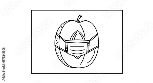 Peach Wearing Face Mask Line Art Illustration - Health Protection Concept