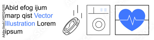 Health tracking, financial management, household efficiency, personal savings, wellness, sustainability. Heart with a pulse line, coin falling washing machine. Health tracking and financial