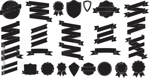 Collection of black award badges and ribbons on white