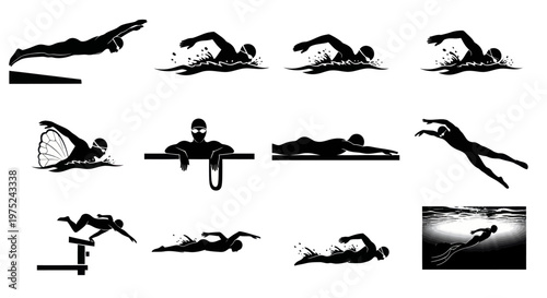 Swimming Sports Silhouettes Vector Set: Diverse Swimmers in Pool and Underwater Action