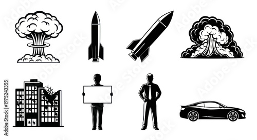 Modern Global Issues Black and White Glyph Icon Set: War, Business, Protest, Technology
