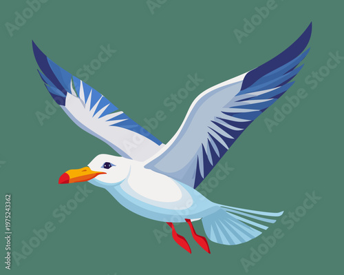 seagull flying through the blue sky with its wings spread wide and neck extended forward looking for fish in the ocean