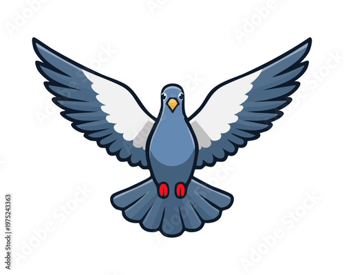 pigeon with blue and gray feathers flying with its wings spread wide and head turned sideways looking for food in city