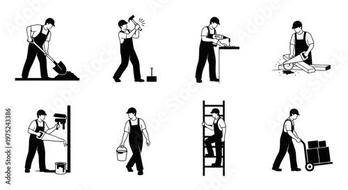 Construction and Labor Workers Icon Set - Black and White Glyph Style