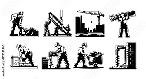 Construction Workers Tools and Equipment Black White Vector Retro Illustrations Set