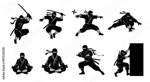 Ninja Warriors Martial Arts Black and White Silhouette Glyph Icons Set