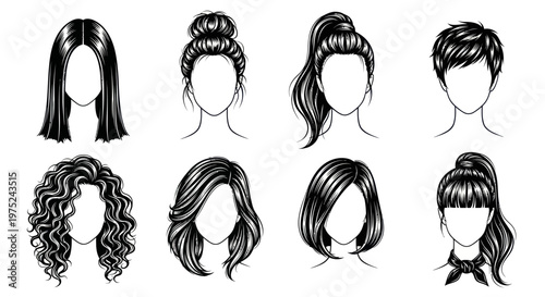 Beauty Fashion Women Hairstyles Set - Diverse Haircuts Black and White Line Art Vector