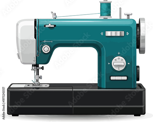 Teal sewing machine on black base in studio lighting for fashion industry on transparent background