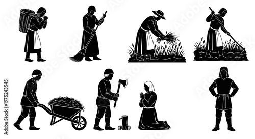 Historical Agricultural Labor and Medieval Rural Life Silhouettes Vector Set