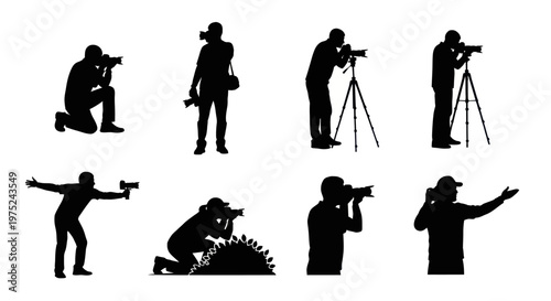 Professional Photographers with Cameras and Tripods Vector Silhouettes Collection