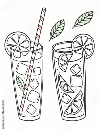 Two glasses of refreshing lemonade with ice cubes and straw, hand drawn vector sketch