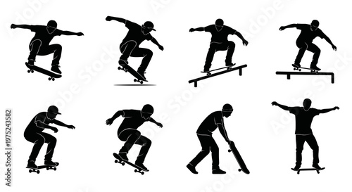 Skateboarding Silhouettes Set: Dynamic Skaters, Extreme Sports and Recreation Activity