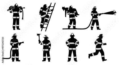 Firefighting Firemen Silhouettes Set - Emergency Rescuers Glyph Icons
