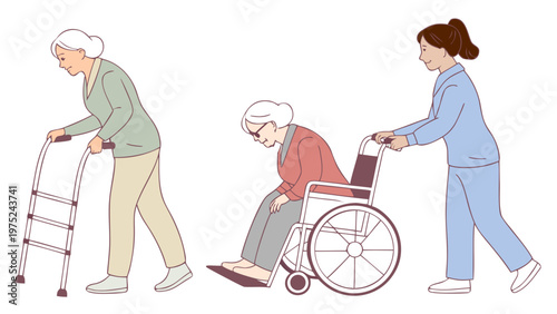 Elderly woman with walker and in wheelchair being assisted by caregiver, flat vector