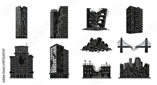 Earthquake Disaster Glyph Icons: Damaged Urban Buildings, Collapsed Bridge, Rubble Vector Set