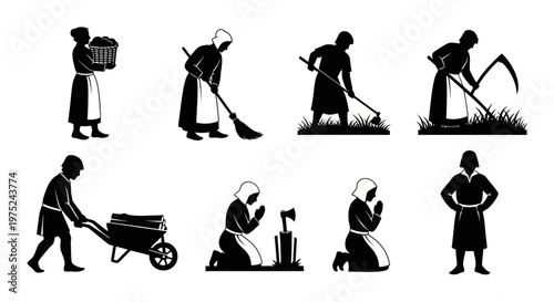 Historical Peasant Workers Black  White Silhouette Glyph Set for Traditional Farming